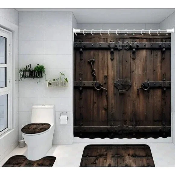 Wooden Door-4pcs (Shower Curtain/Bath Rug/U-Shape Mat/Toilet Cover)-(New Cond.) - Picture 4 of 14